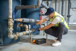 Technician Repairing Heating System Pipes In The Boiler Room